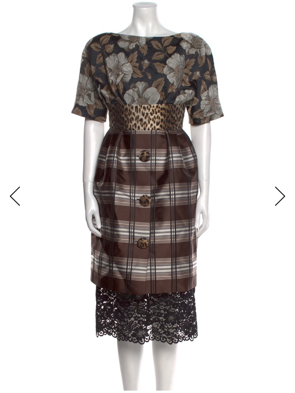 Antonio Marras Brown Floral, Plaid & Leopard-Mix Midi Dress with Black Lace